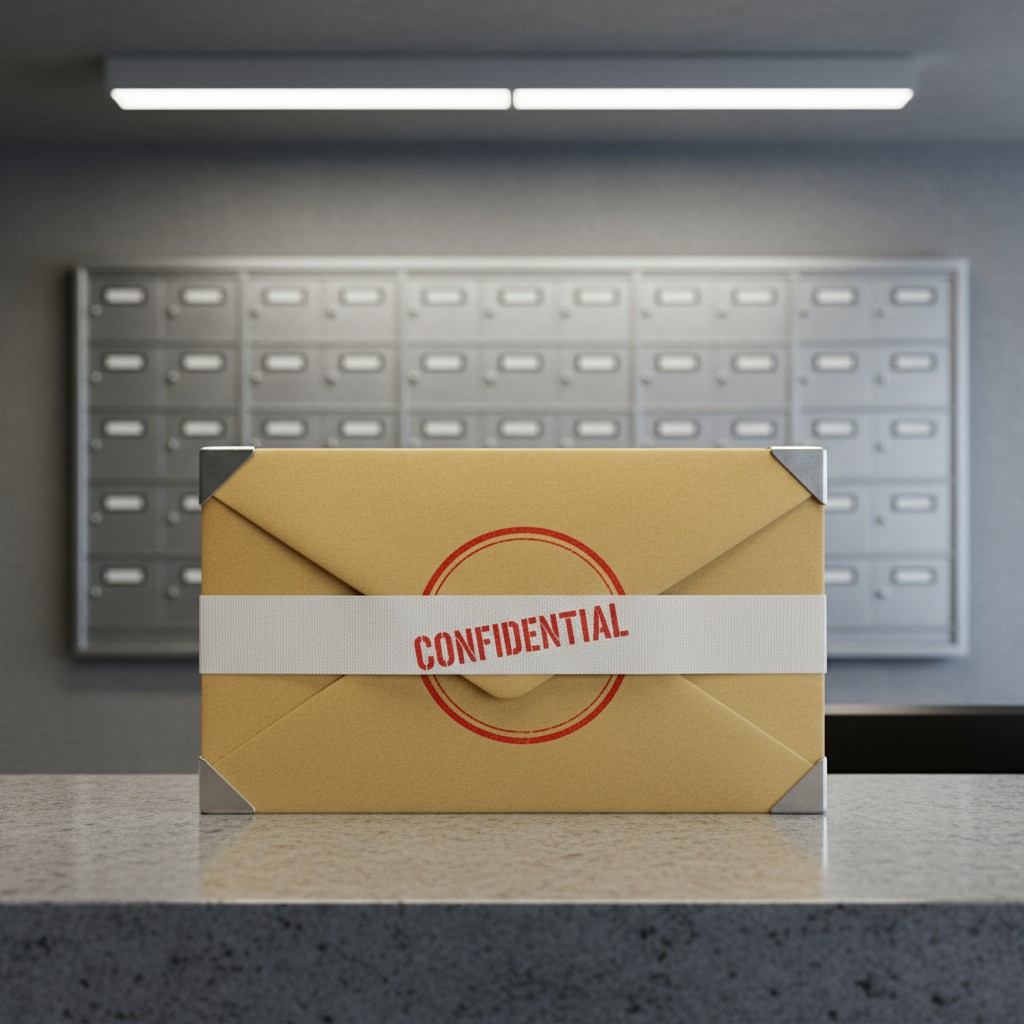 Mail Envelope with Confidential Label in mail room.